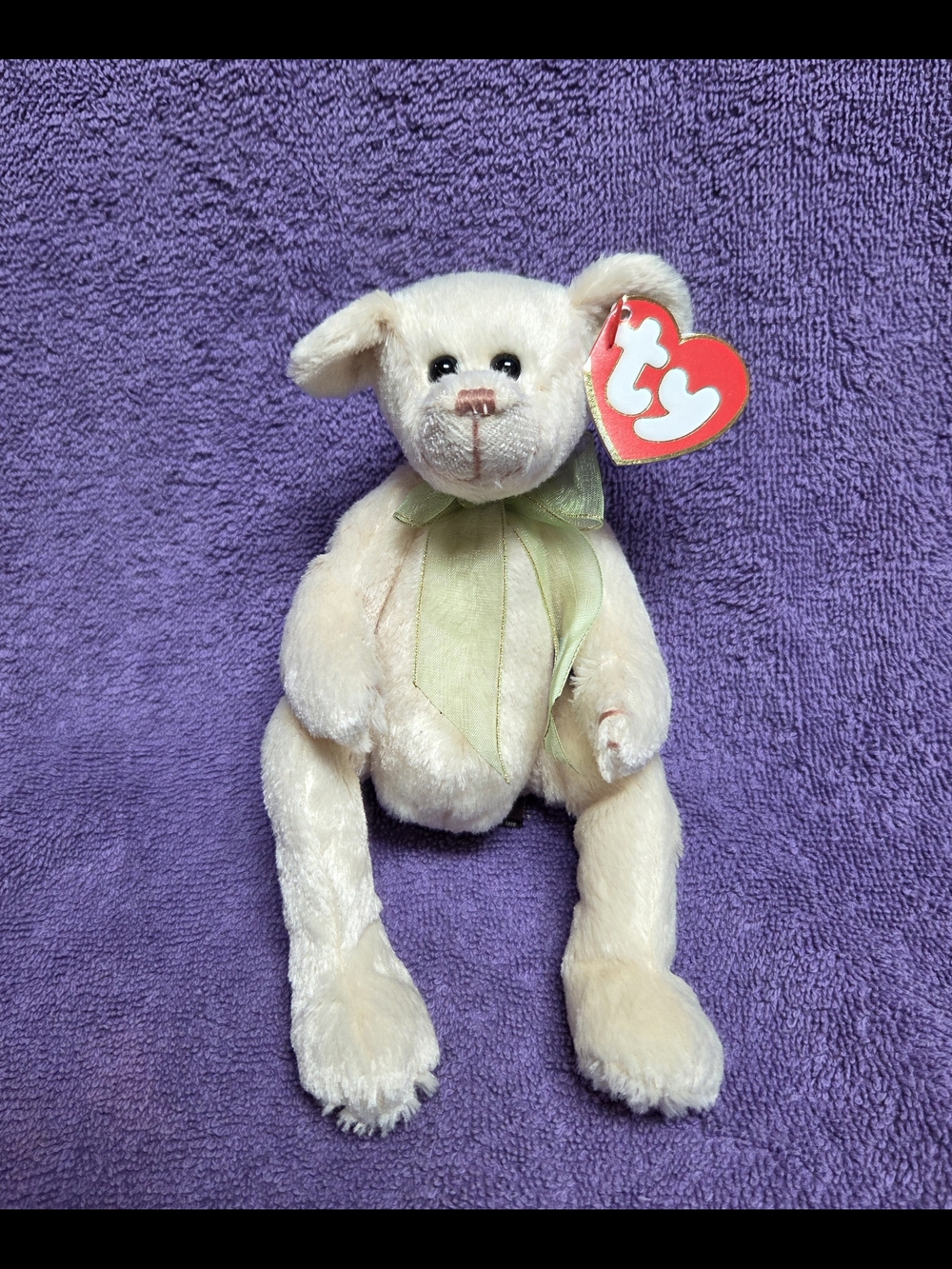 Vintage Attic Treasures TY Plush Small Cream Harper Bear with Green Bow 1993